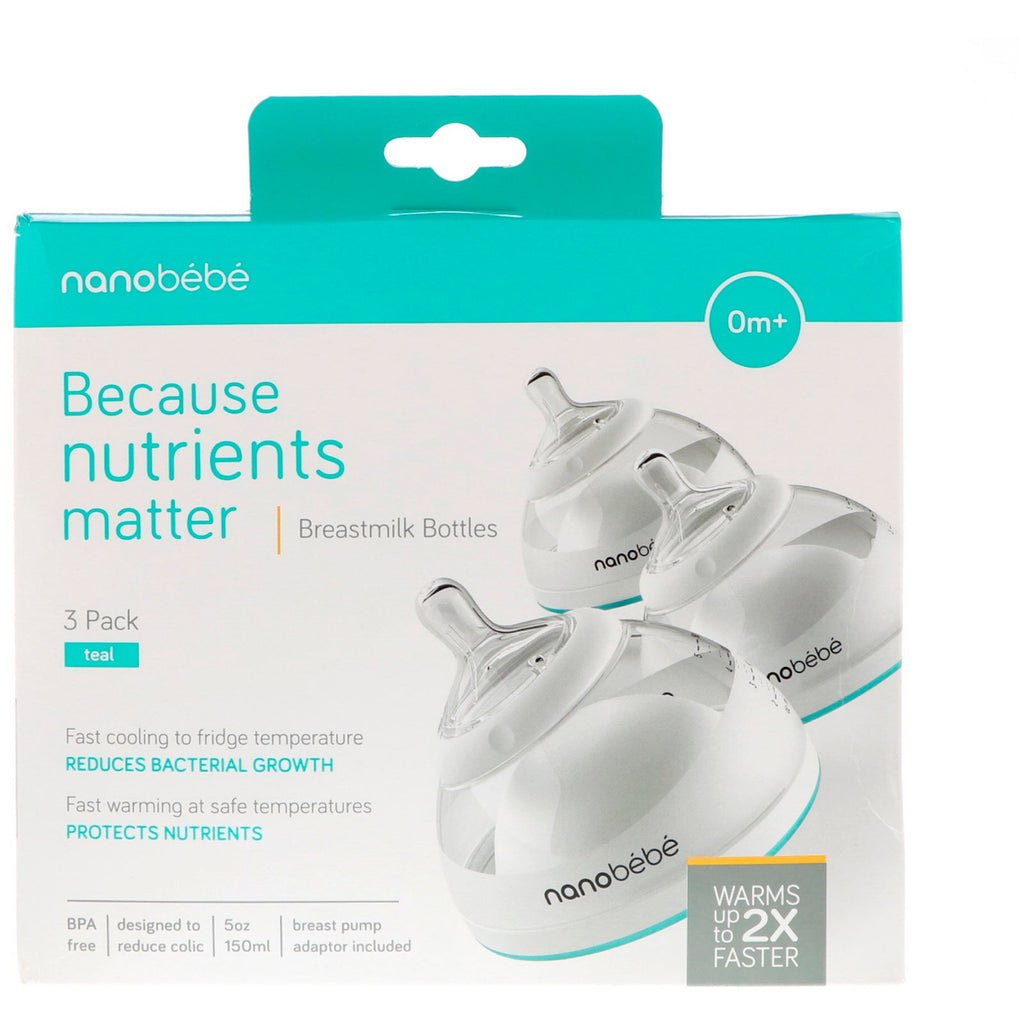 Nanobebe, Breastmilk Bottles, 0+ Months, Teal, 3 Pack, 5 oz (150 ml) Each