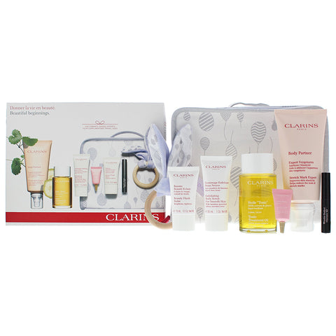 Clarins Beautiful New Beginnings Gift Set: - Body Scrub 30ml - Tonic Treatment Oil 100ml - Stretch Mark Expert 175ml - Eye Cream 3ml - Beauty Flash Balm 15ml - Mascara 3.5ml - Case - Toy -