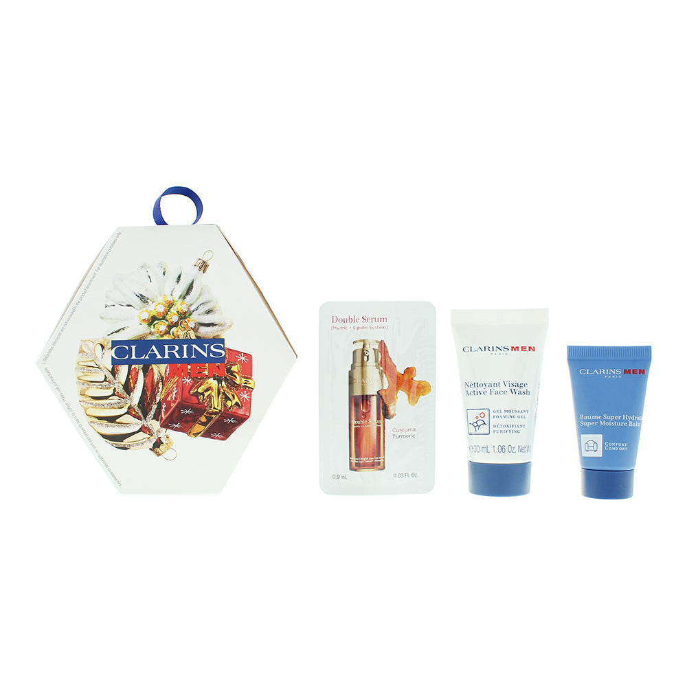 Clarins Men Recruit 3 Piece Gift Set: Super Moisturising Balm 12ml - Double Facia Serum 0.9ml - Facial Cleanser 30ml