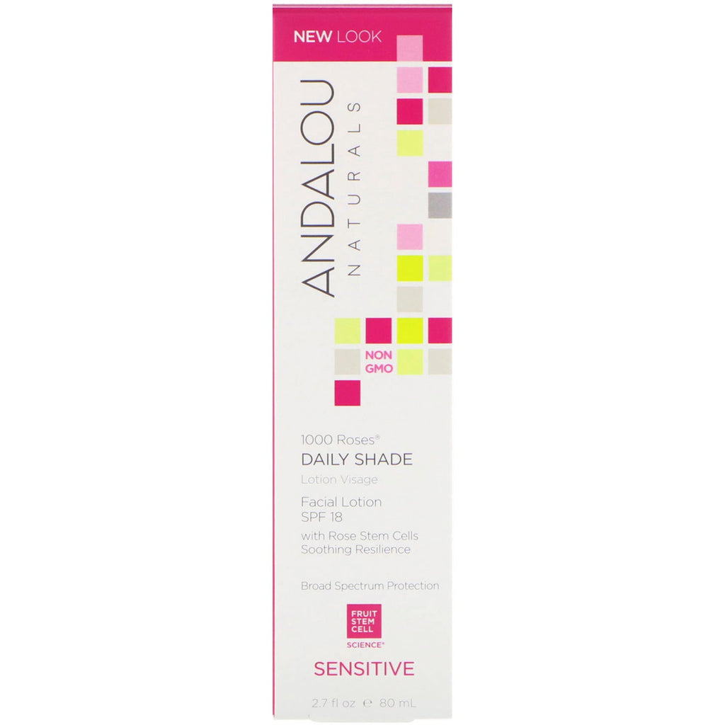 Andalou Naturals, Facial Lotion, 1000 Roses, Daily Shade, SPF 18, Sensitive, 2.7 fl oz (80 ml)