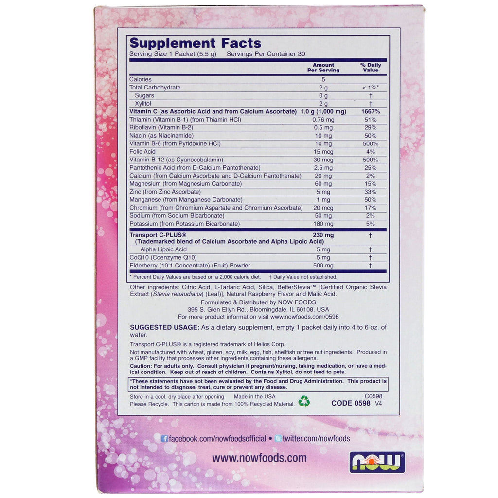 Now Foods, Effer-C, Effervescent Drink Mix, Elderberry, 30 Packets, 5.82 oz (165g)