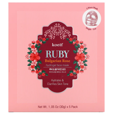 Koelf, Ruby Bulgarian Rose Hydrogel Face Mask Pack, 5 Sheets, 1.05 oz (30 g) Each