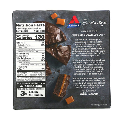 Atkins, Endulge, Chocolate Caramel Fudge, 5 Bars, 1.2 oz (34 g) Each