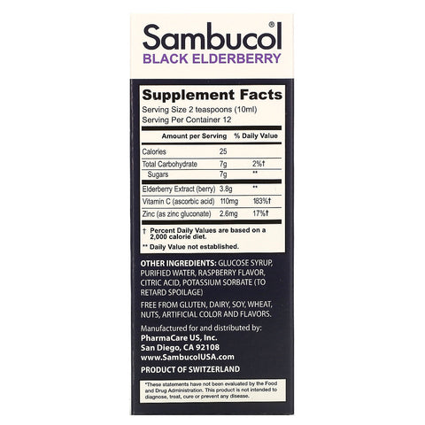 Sambucol, Black Elderberry Syrup, Advanced Immune, Vitamin C + Zinc, Natural Berry, 4 fl oz (120 ml)