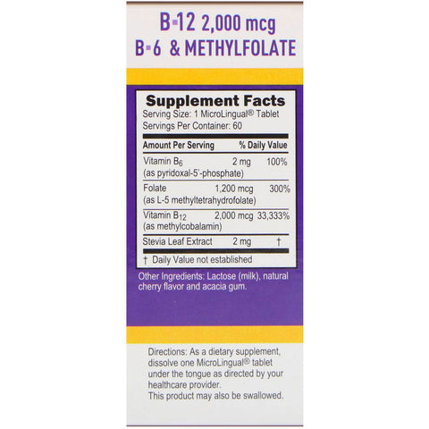 Superior Source, Activated B-12 Methylcobalamin, B-6 (P-5-P) & Methylfolate, 2,000 mcg/1,200 mcg, 60 Tablets