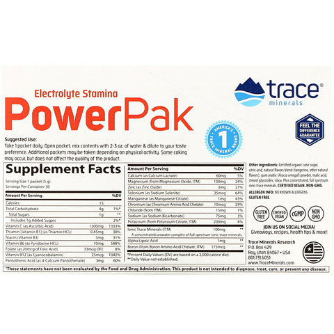 Trace Minerals Research, Electrolyte Stamina PowerPak, Tangerine, 30 Packets, 0.18 oz (5 g) Each