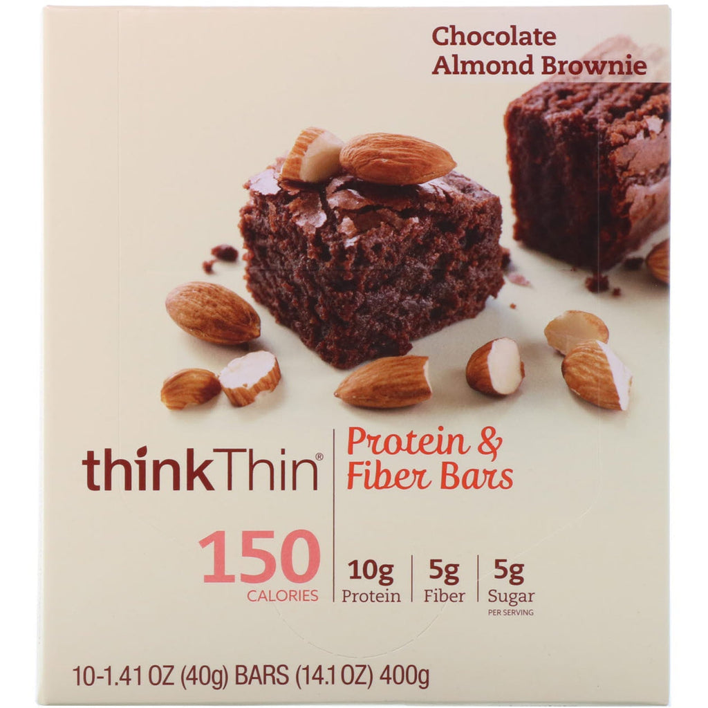 ThinkThin, Protein & Fiber Bars, Chocolate Almond Brownie, 10 Bars, 1.41 oz (40 g) Each