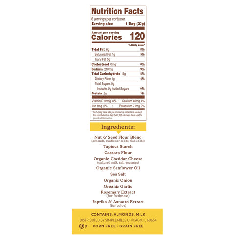 Simple Mills, naturligt glutenfri, mandelmel-crackers, Farmhouse Cheddar, 6 pakker, 0,8 oz (23 g) hver
