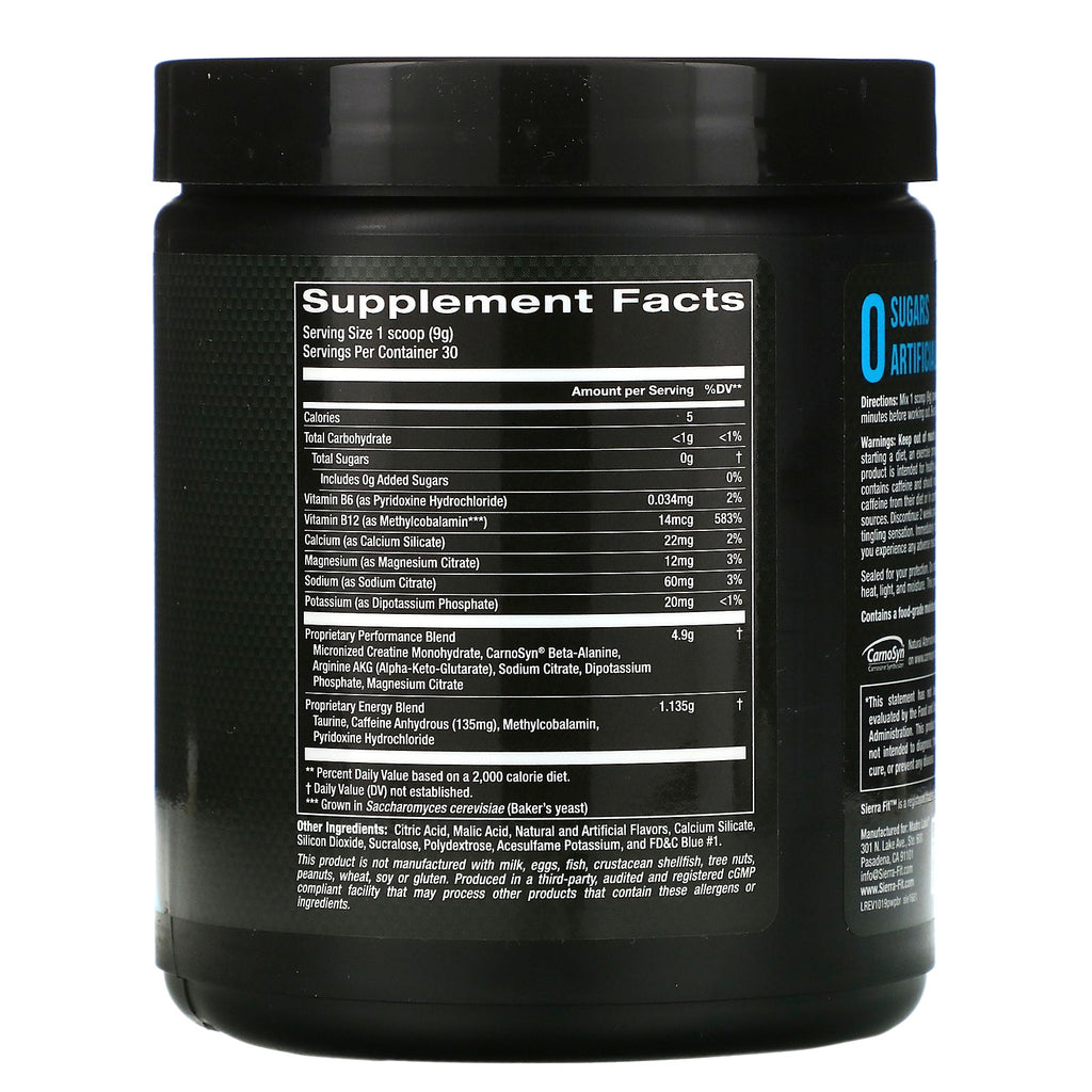 Sierra Fit, Pre-Workout Powder, Blue Raspberry, 9.5 oz (270 g)