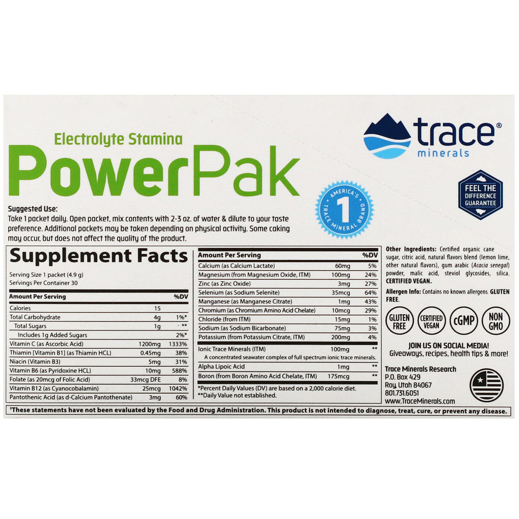 Trace Minerals Research, Electrolyte Stamina PowerPak, Lemon Lime, 30 Packets, 0.17 oz (4.9 g) Each