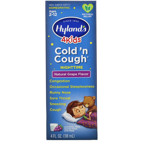 Hyland's, 4 Kids, Cold 'n Cough Nighttime, Ages 2-12, Natural Grape Flavor, 4 fl oz (118 ml)