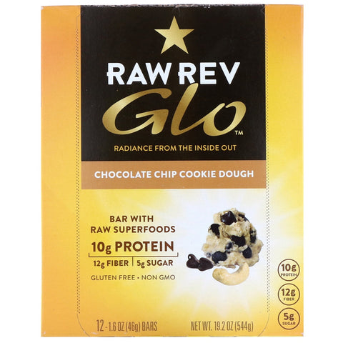 Raw Rev, Glo, Chocolate Chip Cookie Dough, 12 Bars, 1.6 oz (46 g) Each