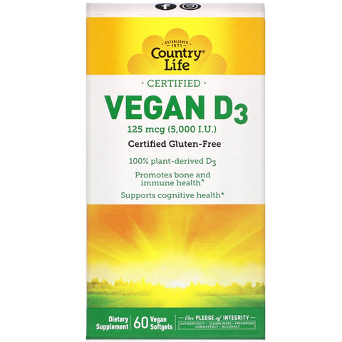 Country Life, Certified Vegan D3, 125 mcg (5,000 IU), 60 Vegan Softgels