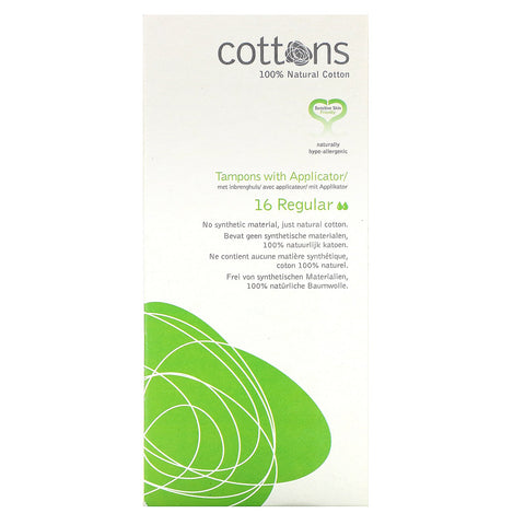 Cottons, 100% Natural Cotton,  Tampons with Applicator, Regular, 16 Tampons