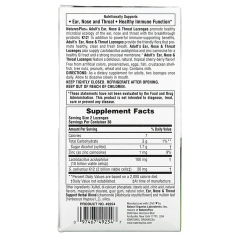 Nature's Plus, Adult's Ear, Nose & Throat Lozenges, Natural Tropical Cherry Berry, 60 Lozenges