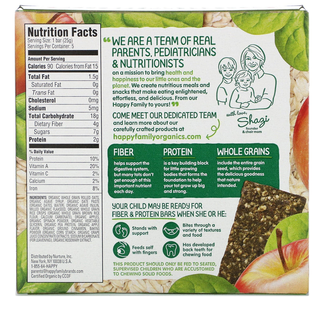 Happy Family s, Happytot, Fiber & Protein Soft-Baked Oat Bar,  Apples & Spinach, 5 Bars, 0.88 oz (25 g) Each