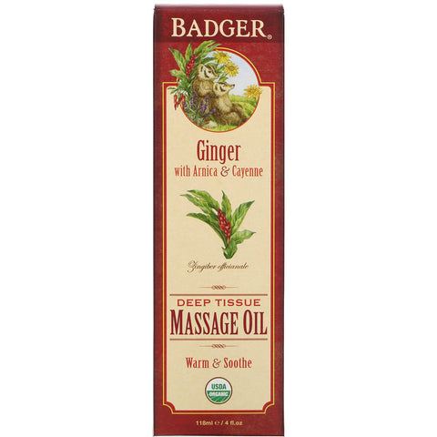 Badger Company, Deep Tissue Massage Oil, Ginger with Arnica & Cayenne, 4 fl oz (118 ml)