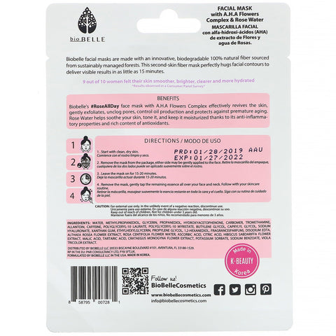 Biobelle, Botanic Fiber Facial Mask, Exfoliates & Brightens, #RoseAllDay, 1 Sheet, 0.88 oz (25 g)