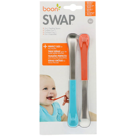 Boon, Swap, 2-in-1 Feeding Spoon, 4+ Months, Blue & Orange, 2 Spoons