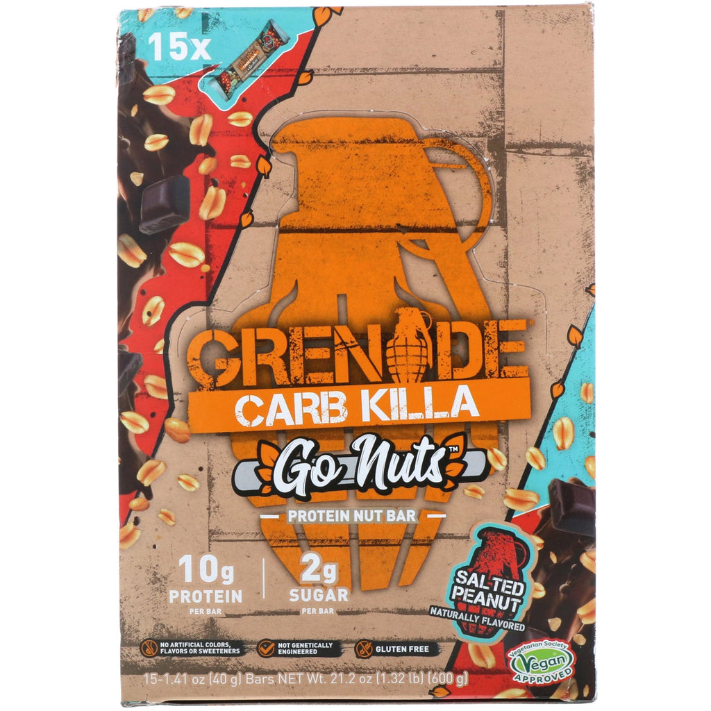 Grenade, Carb Killa, Go Nuts Protein Nut Bar, Salted Peanut, 15 Bars, 1.41 oz (40 g) Each