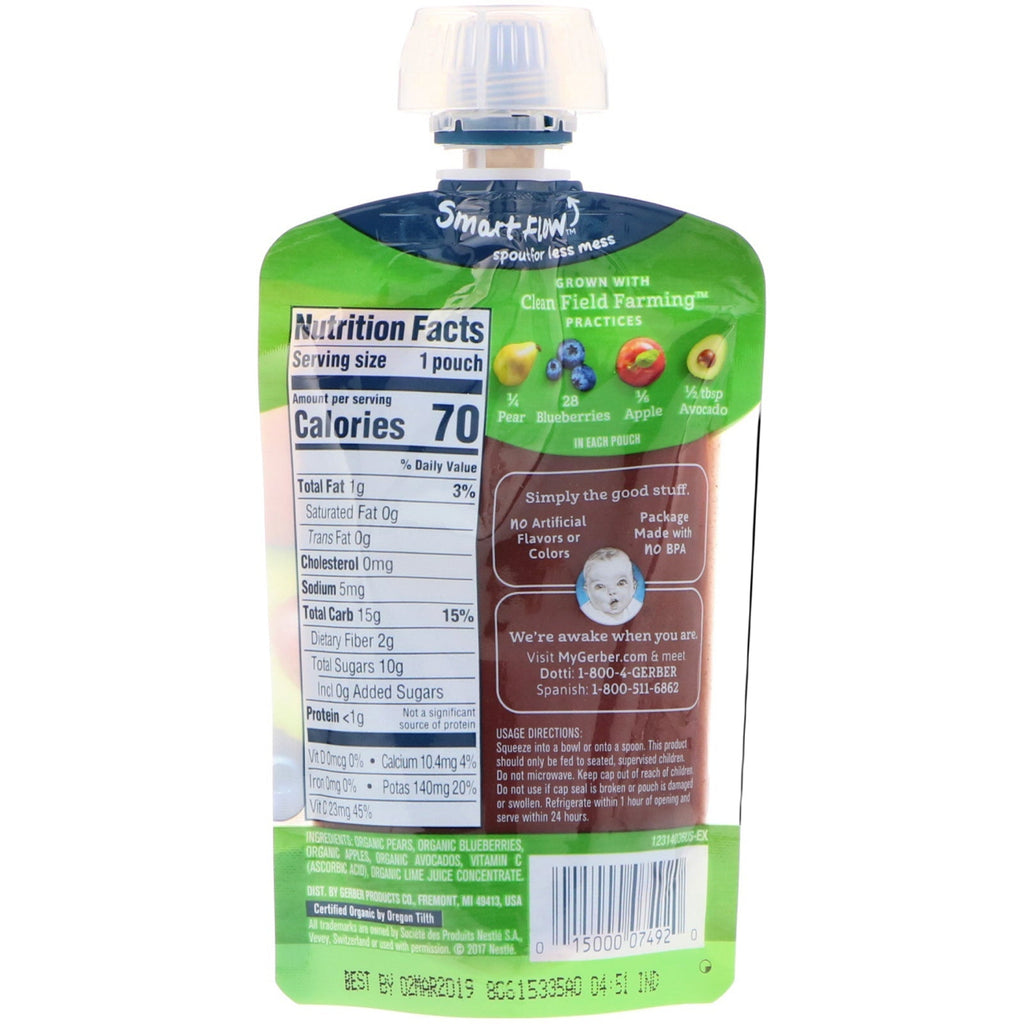 Gerber, Smart Flow, , Pear, Blueberry, Apple, Avocado, 3.5 oz (99 g)