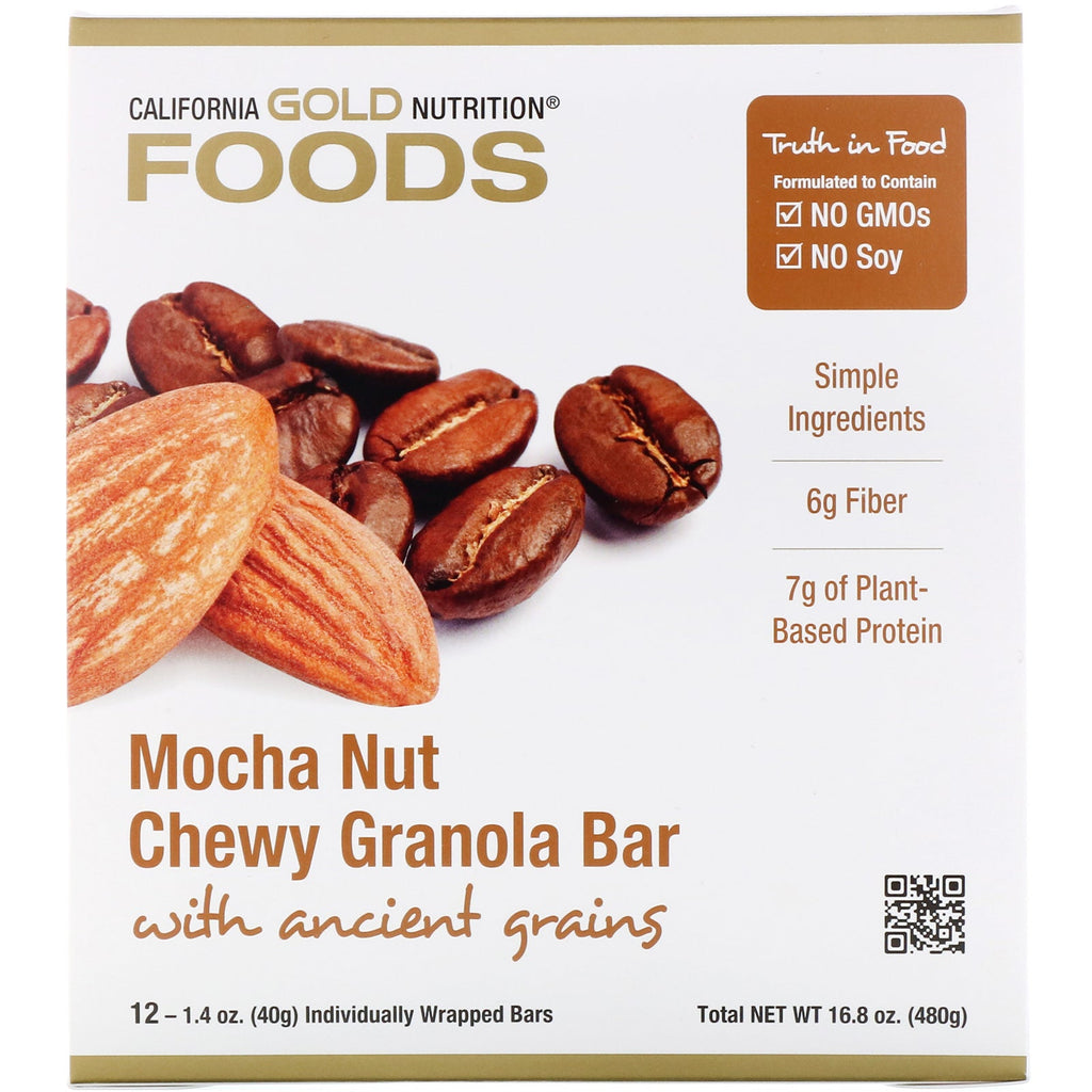 California Gold Nutrition, Foods, Mocha Nut Chewy Granola Bars, 12 Bars, 1.4 oz (40 g) Each