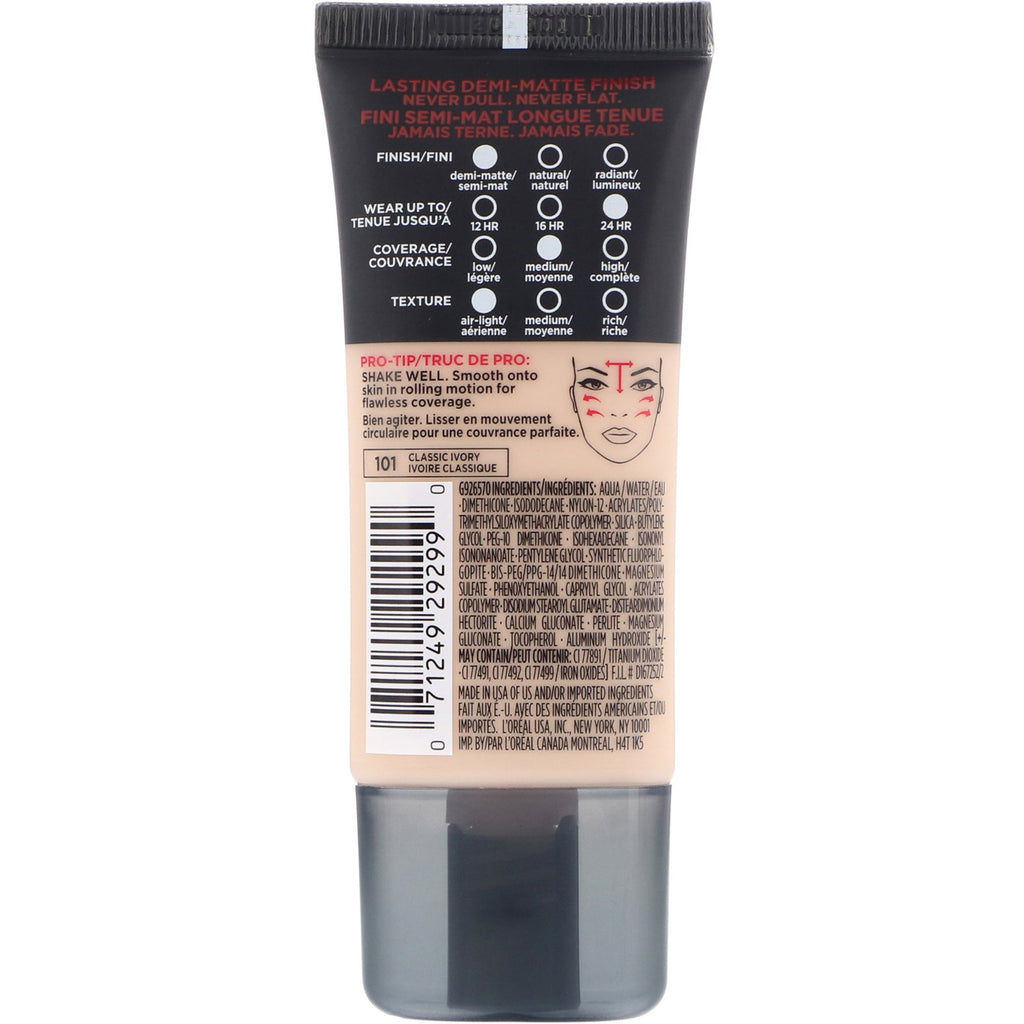 L'Oreal, Infallible Pro-Matte Foundation, 101 Classic Ivory, 1 fl oz (30 ml)