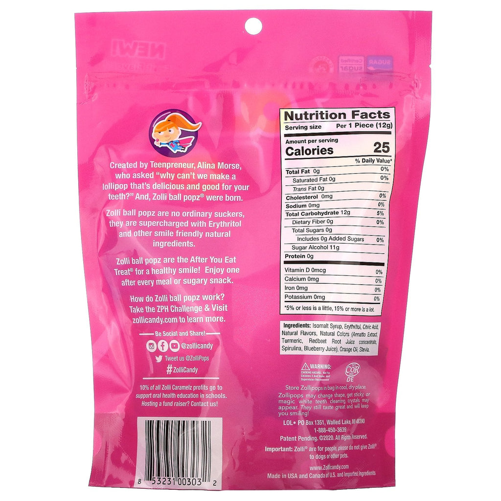 Zollipops, Zolli Ball Popz frugt, assorteret, 10-12 pops, 5,2 oz