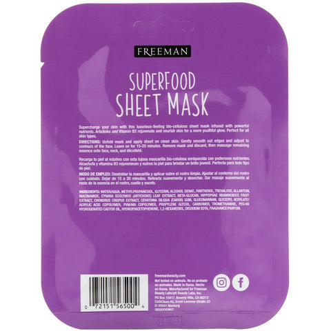 Freeman Beauty, Superfood Sheet Mask, Anti-Aging Artichoke, 1 Mask, 0.84 fl oz (25 ml)