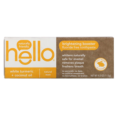 Hello,  Brightening Booster Fluoride Free Toothpaste, White Turmeric + Coconut Oil, Natural Mint, 4.0 oz (113 g)