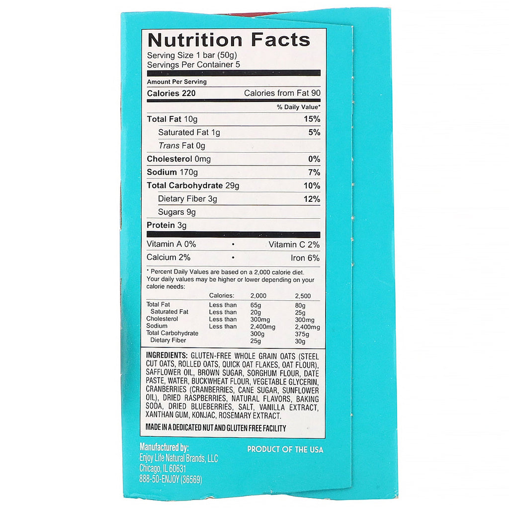 Enjoy Life Foods, Soft-Baked Breakfast  Fruit & Oat Ovals, Berry Medley, 5 Bars, 1.76 oz (50 g) Each