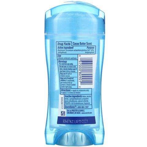 Secret, 48 Hour Clear Gel Deodorant, Cocoa Butter, 2.6 oz