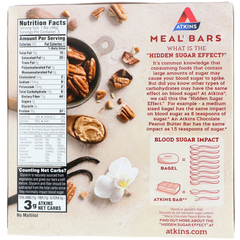 Atkins, Meal Bar, Vanilla Pecan Crisp Bar, 5 Bars, 1.69 oz (48 g) Each