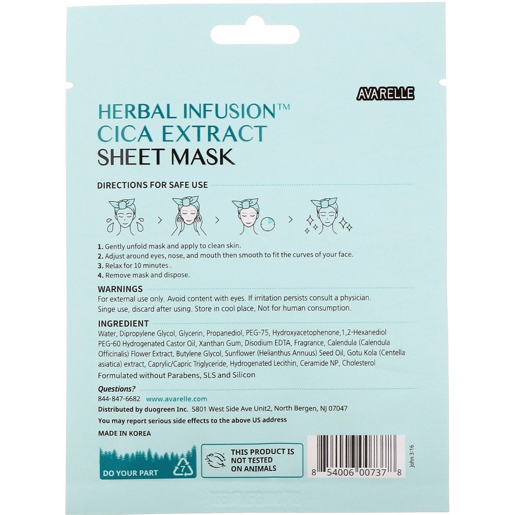 Avarelle, Herbal Infusion, Cica Extract Sheet Mask, 1 Sheet,0.7 oz (20 g)