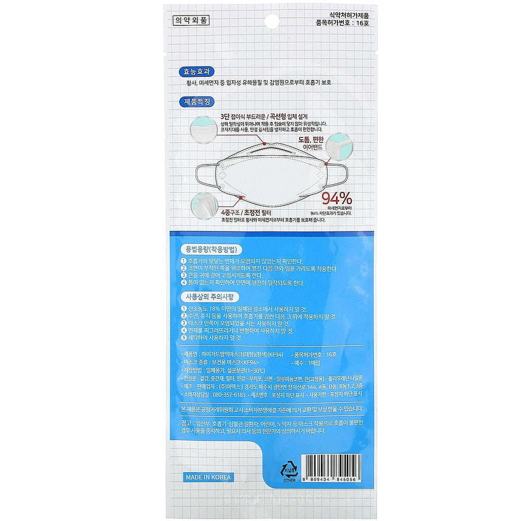 HIGUARD, Disposable KF94 ( N95 / KN95/ FFP2 ) Mask, 1 Mask