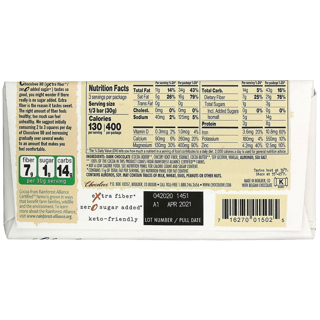 Chocolove, XO, mandler og havsalt i 60 % mørk chokoladebar, 3,2 oz (90 g)