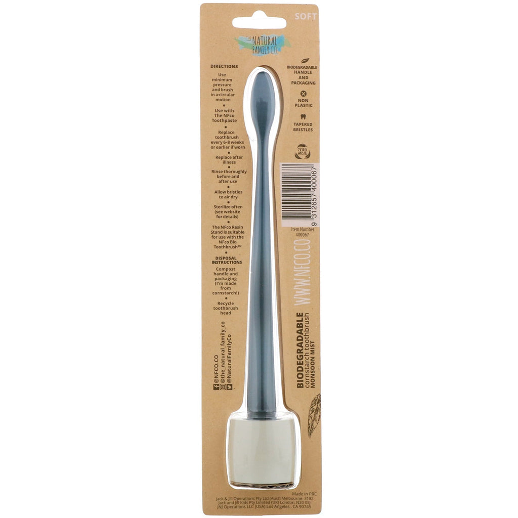 The Natural Family Co., Biodegradable Cornstarch Toothbrush, Monsoon Mist, Soft, 1 Toothbrush & Stand