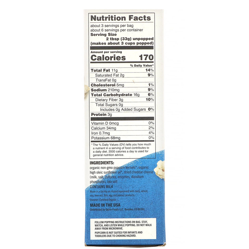 Quinn Popcorn, Mikrobølge Popcorn, Hvid Cheddar &amp; Havsalt, 2 poser, 3,5 oz (100 g) hver
