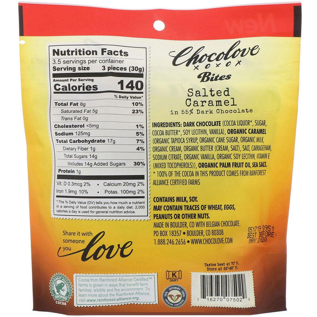 Chocolove, Bites, saltet karamel i 55 % mørk chokolade, 3,5 oz (100 g)