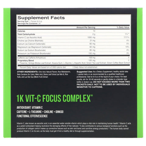 1Kvit-C, Vitamin C, Focus, Effervescent Drink Mix, Natural Orange Flavor, 1,000 mg, 30 packets. 0.23 oz (6.40 g) Each