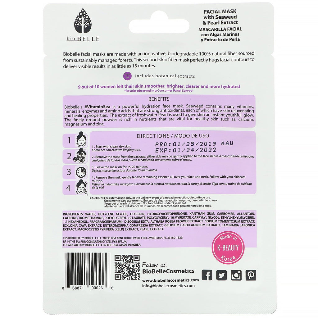 Biobelle, Botanic Fiber Facial Mask, Hydrates & Rejuvenates, #VitaminSea, 1 Sheet, 0.88 oz (25 g)