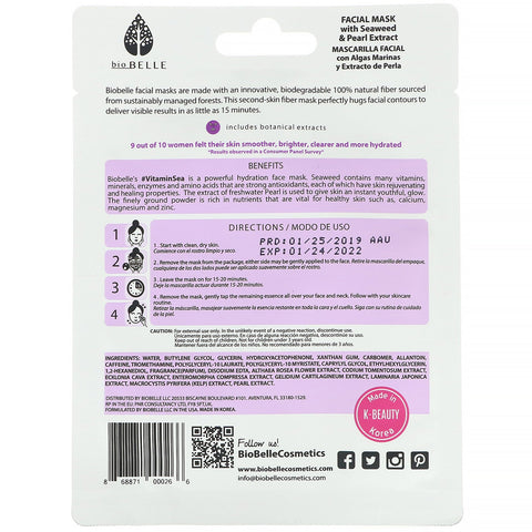 Biobelle, Botanic Fiber Facial Mask, Hydrates & Rejuvenates, #VitaminSea, 1 Sheet, 0.88 oz (25 g)