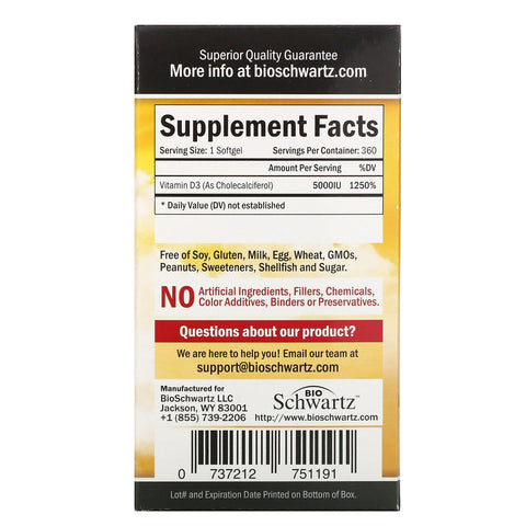 BioSchwartz, Superior Strength Vitamin D3, 5,000 IU, 360 Softgels