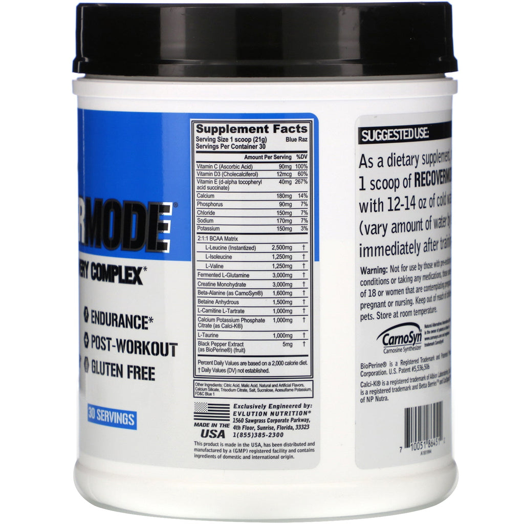 EVLution Nutrition, RECOVERMODE, Complete Recovery Complex, Blue Raz, 22.23 oz (630 g)