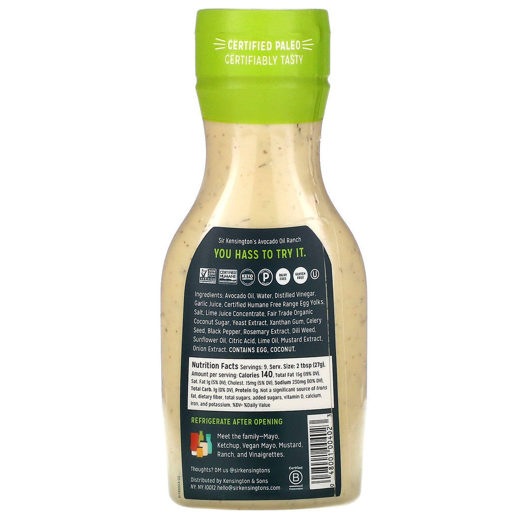 Sir Kensington's, Avocado Oil Ranch with 100% Avocado Oil, 9 fl oz (266 ml)