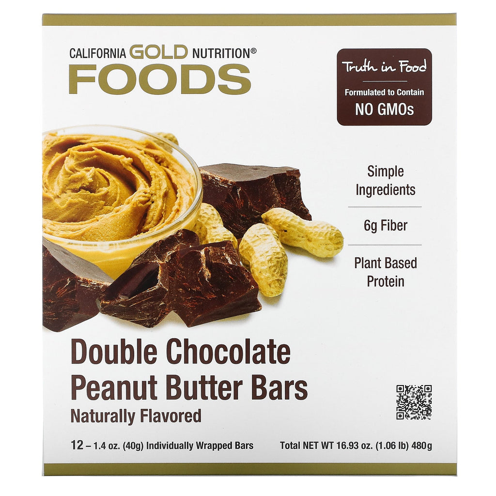 California Gold Nutrition, Foods, Double Chocolate Peanut Butter Flavor Bars, 12 Bars, 1.4 oz (40 g) Each