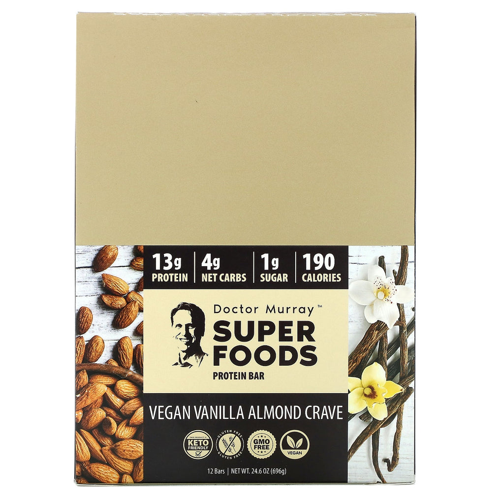 Dr. Murray's, Superfoods Protein Bars, Vegan Vanilla Almond Crave , 12 Bars, 2.05 oz (58 g) Each