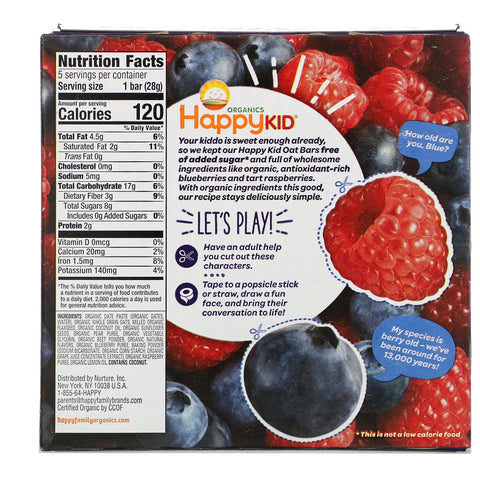 Happy Family s, Happy Kid, Blueberry + Raspberry, Fruit & Oat Bar, 5 Bars, 0.99 oz (28 g) Each