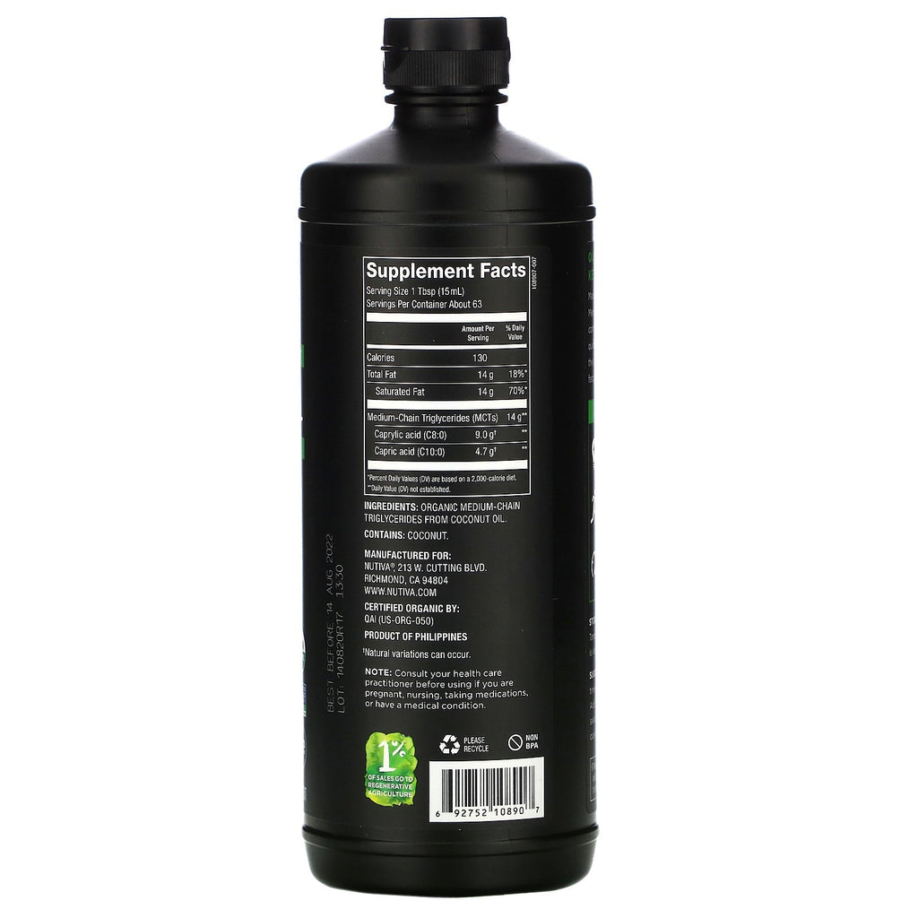 Nutiva, 100 % kokosnød MCT-olie, uden smag, 32 fl oz (946 ml)