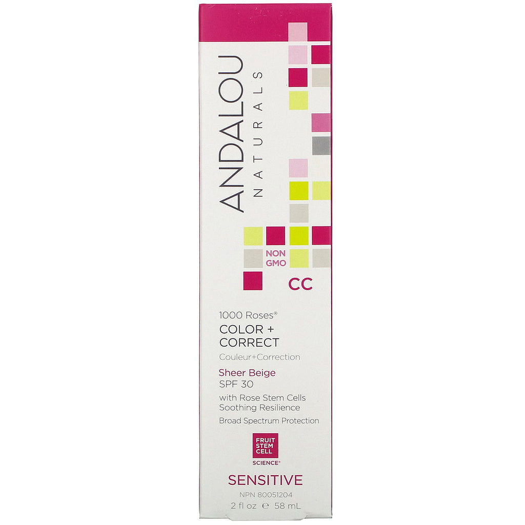 Andalou Naturals, 1000 Roses, CC Color + Correct, Sensitive, SPF 30, Sheer Beige, 2 fl oz (58 ml)